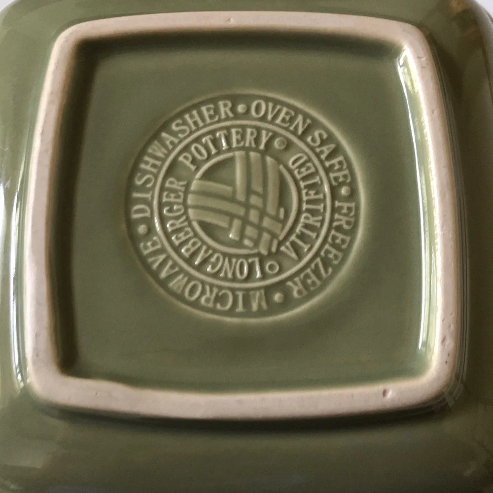 Set of 2 Longaberger Pottery square bowls classic Woven Traditions Sage Green